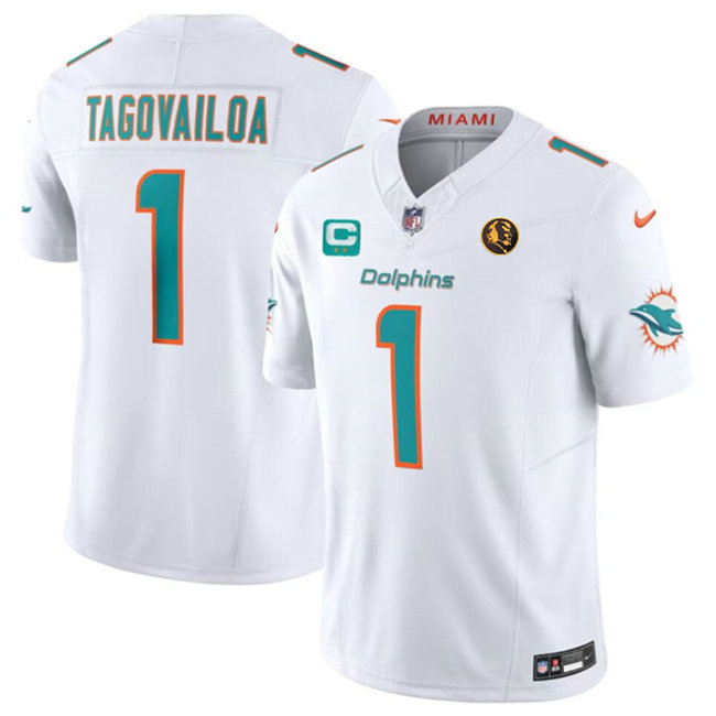 Men's Miami Dolphins #1 Tua Tagovailoa White 2023 F.U.S.E. With 2-Star C Patch And John Madden Patch Vapor Limited Stitched Football Jersey
