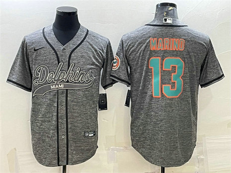 Men's Miami Dolphins #13 Dan Marino Grey With Patch Cool Base Stitched Baseball Jersey