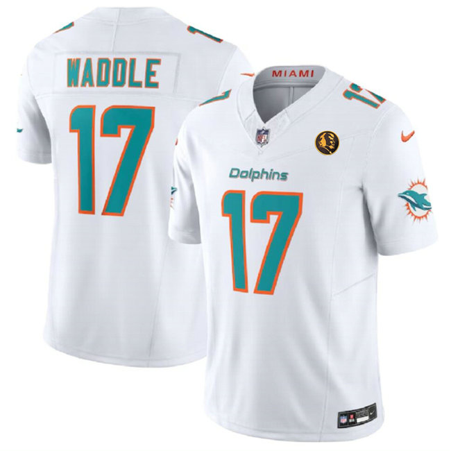 Men's Miami Dolphins #17 Jaylen Waddle White 2023 F.U.S.E. With John Madden Patch Vapor Limited Stitched Football Jersey