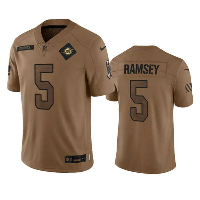 Men's Miami Dolphins #5 Jalen Ramsey 2023 Brown Salute To Service Limited Stitched Football Jersey