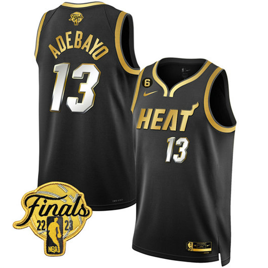 Men's Miami Heat #13 Bam Adebayo Black Gold Edition 2023 Finals Collection With NO.6 Patch Stitched Basketball Jersey