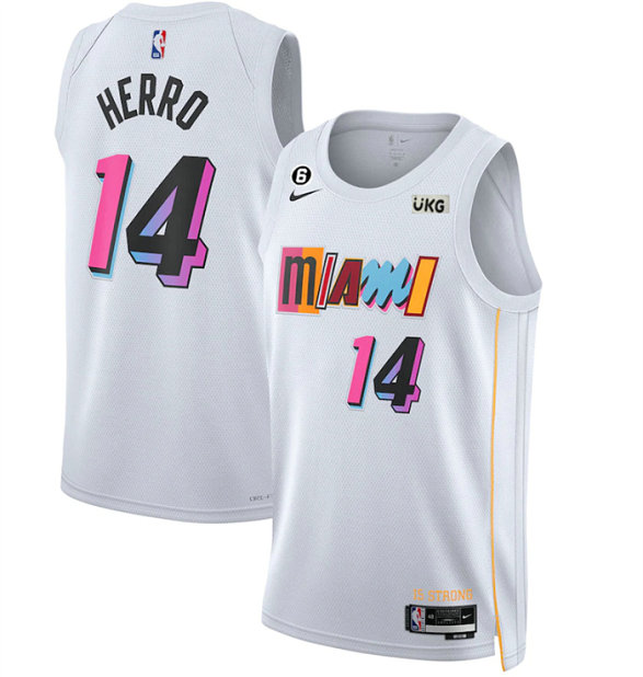 Men's Miami Heat #14 Tyler Herro White 2022 23 City Edition With NO.6 Patch Stitched Jersey