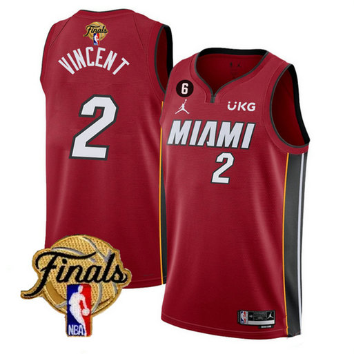 Men's Miami Heat #2 Gabe Vincent Red 2023 Finals Statement Edition With NO.6 Patch Stitched Basketball Jersey