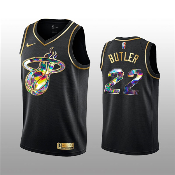 Men's Miami Heat #22 Jimmy Butler 2021 22 Black Golden Edition 75th Anniversary Diamond Logo Stitched Basketball Jersey