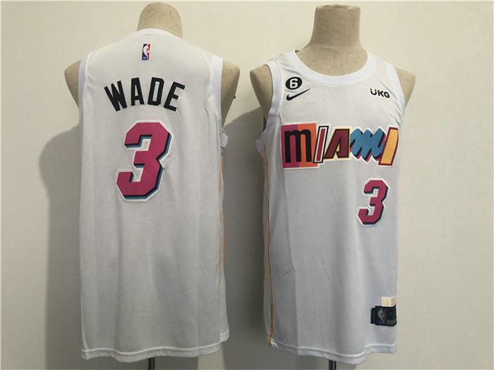 Men's Miami Heat #3 Dwyane Wade 2022 23 White City Edition With NO.6 Patch Stitched Jersey