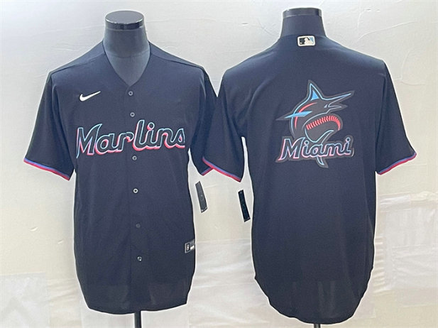 Men's Miami Marlins Black Team Big Logo Cool Base Stitched Baseball Jersey