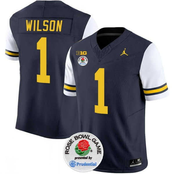Men's Michigan Wolverines #1 Roman Wilson 2023 F.U.S.E. Navy White Rose Bowl Patch Stitched Jersey