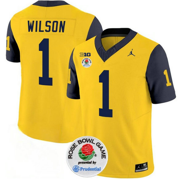 Men's Michigan Wolverines #1 Roman Wilson 2023 F.U.S.E. Yellow Navy Rose Bowl Patch Stitched Jersey