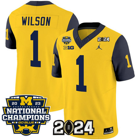 Men's Michigan Wolverines #1 Roman Wilson Yellow Navy 2024 F.U.S.E. With 2023 National Champions Patch Stitched Jersey