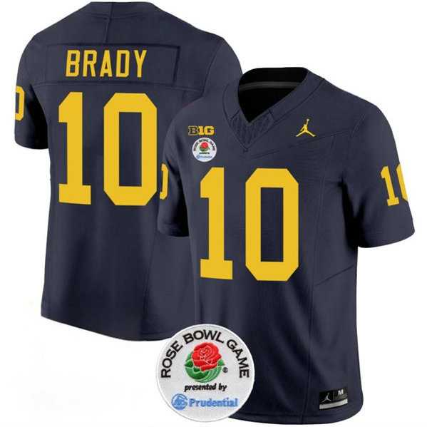 Men's Michigan Wolverines #10 Tom Brady 2023 F.U.S.E. Navy Blue Rose Bowl Patch Stitched Jersey