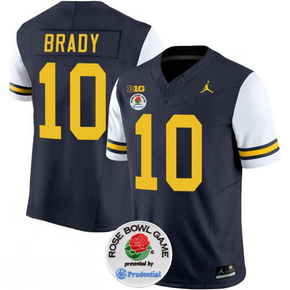 Men's Michigan Wolverines #10 Tom Brady 2023 F.U.S.E. Navy White Rose Bowl Patch Stitched Jersey