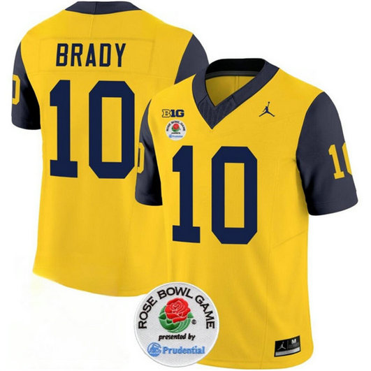Men's Michigan Wolverines #10 Tom Brady 2023 F.U.S.E. Yellow Navy Rose Bowl Patch Stitched Jersey
