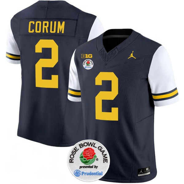 Men's Michigan Wolverines #2 Blake Corum 2023 F.U.S.E. Navy White Rose Bowl Patch Stitched Jersey