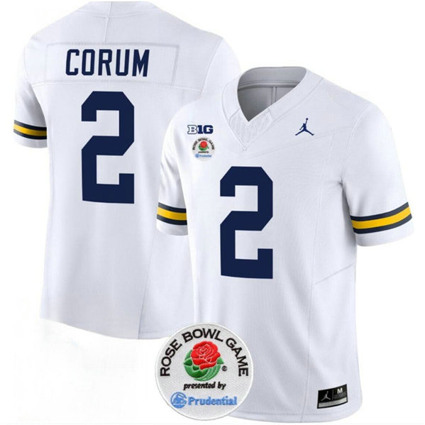 Men's Michigan Wolverines #2 Blake Corum 2023 F.U.S.E. White Rose Bowl Patch Stitched Jersey