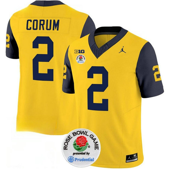 Men's Michigan Wolverines #2 Blake Corum 2023 F.U.S.E. Yellow Navy Rose Bowl Patch Stitched Jersey