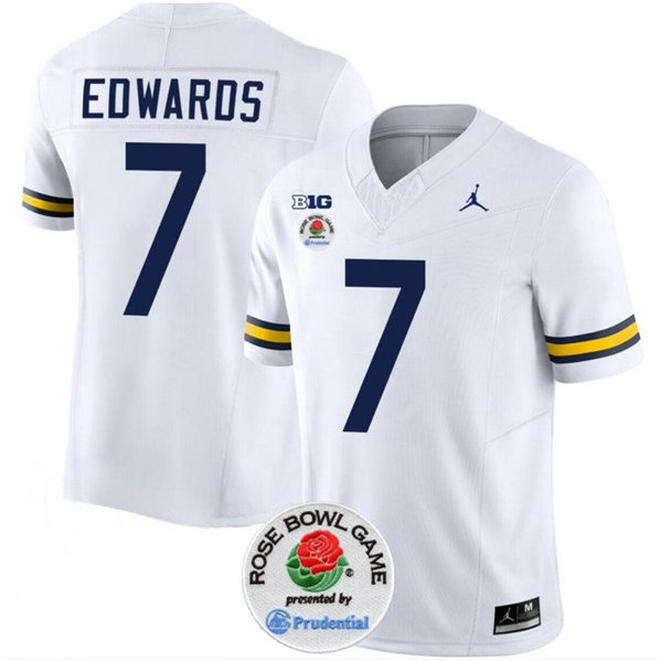 Men's Michigan Wolverines #7 Donovan Edwards 2023 F.U.S.E. White Rose Bowl Patch Stitched Jersey