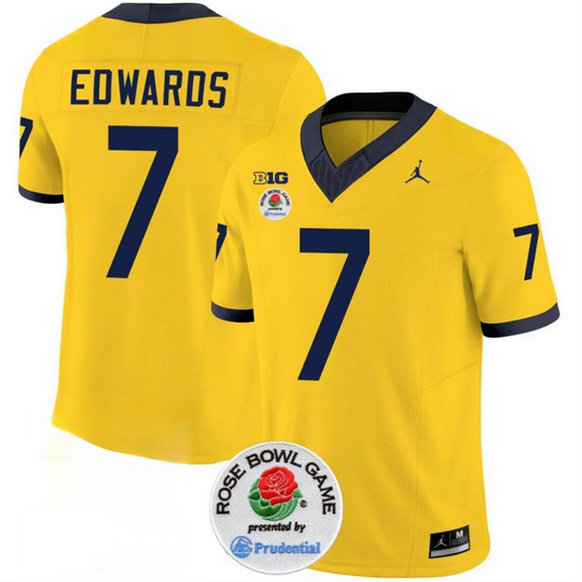 Men's Michigan Wolverines #7 Donovan Edwards 2023 F.U.S.E. Yellow Rose Bowl Patch Stitched Jersey