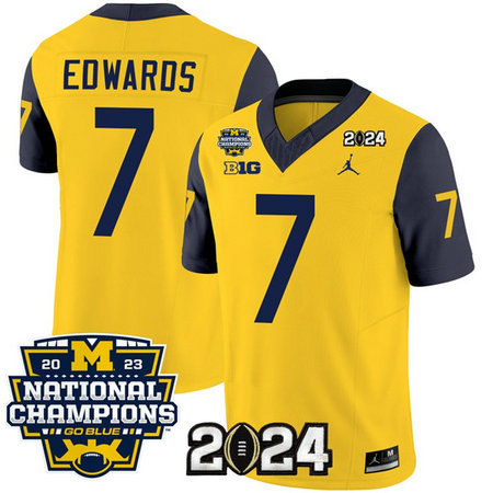 Men's Michigan Wolverines #7 Donovan Edwards Yellow Navy 2024 F.U.S.E. With 2023 National Champions Patch Stitched Jersey
