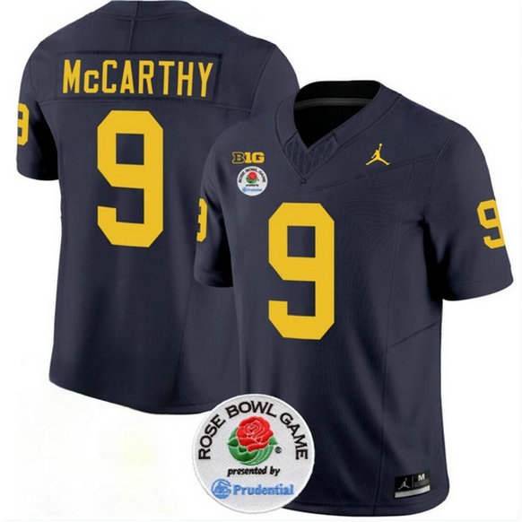 Men's Michigan Wolverines #9 J.J. McCarthy 2023 F.U.S.E. Navy Blue Rose Bowl Patch Stitched Jersey