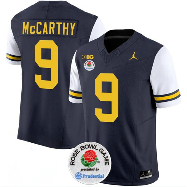 Men's Michigan Wolverines #9 J.J. McCarthy 2023 F.U.S.E. Navy White Rose Bowl Patch Stitched Jersey