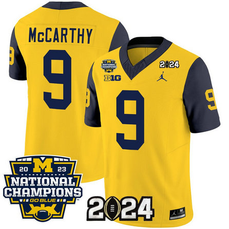 Men's Michigan Wolverines #9 J.J. McCarthy Yellow Navy 2024 F.U.S.E. With 2023 National Champions Patch Stitched Jersey