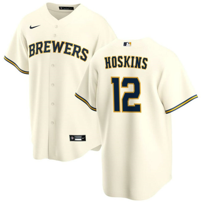 Men's Milwaukee Brewers #12 Rhys Hoskins Cream Cool Base Stitched Baseball Jersey