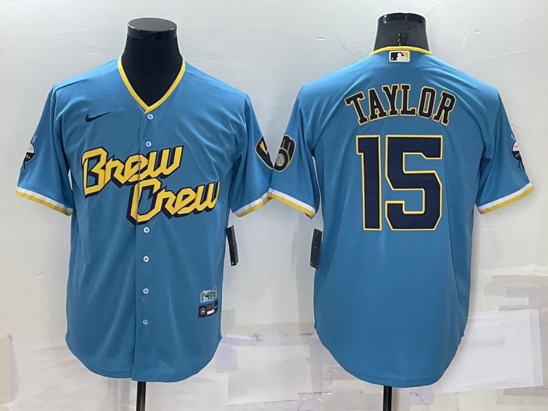 Men's Milwaukee Brewers #15 Tyrone Taylor 2022 Powder Blue City Connect Cool Base Stitched Jersey