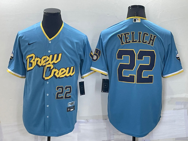 Men's Milwaukee Brewers #22 Christian Yelich 2022 Powder Blue City Connect Cool Base Stitched Jersey