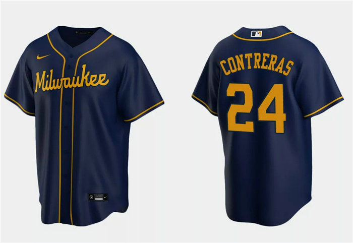 Men's Milwaukee Brewers #24 William Contreras Navy Cool Base Stitched Jersey