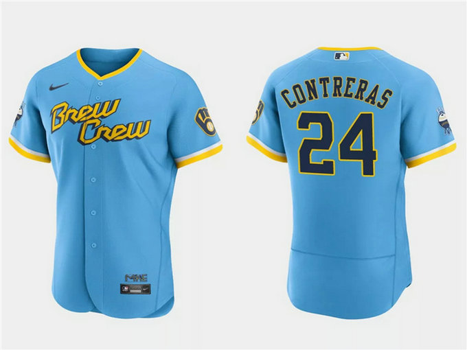 Men's Milwaukee Brewers #24 William Contreras Powder Blue 2022 City Connect Flex Base Stitched Baseball Jersey