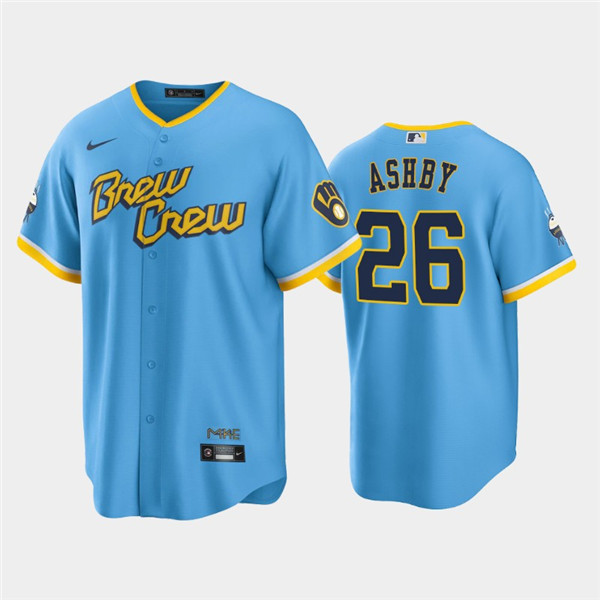 Men's Milwaukee Brewers #26 Aaron Ashby 2022 Powder Blue City Connect Cool Base Stitched Jersey