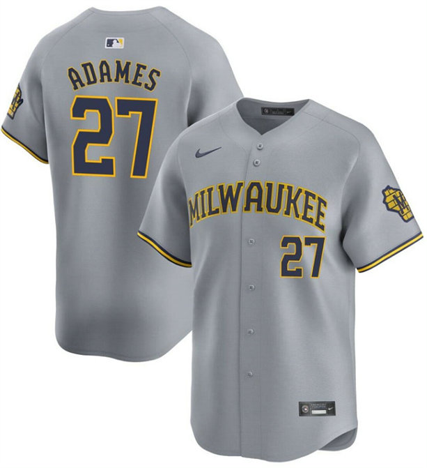 Men's Milwaukee Brewers #27 Willy Adames Grey 2024 Away Limited Stitched Baseball Jersey