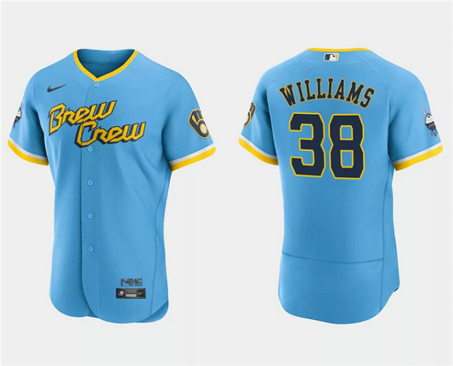 Men's Milwaukee Brewers #38 Devin Williams Powder Blue 2022 City Connect Flex Base Stitched MLB Jersey