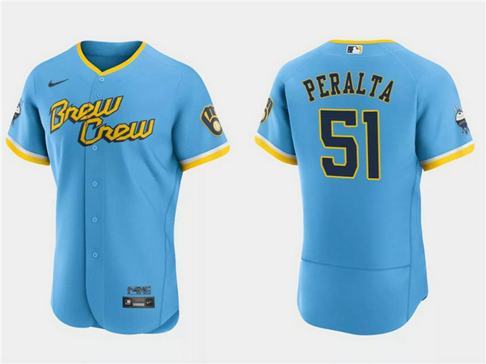 Men's Milwaukee Brewers #51 Freddy Peralta Powder Blue 2022 City Connect Flex Base Stitched MLB Jersey