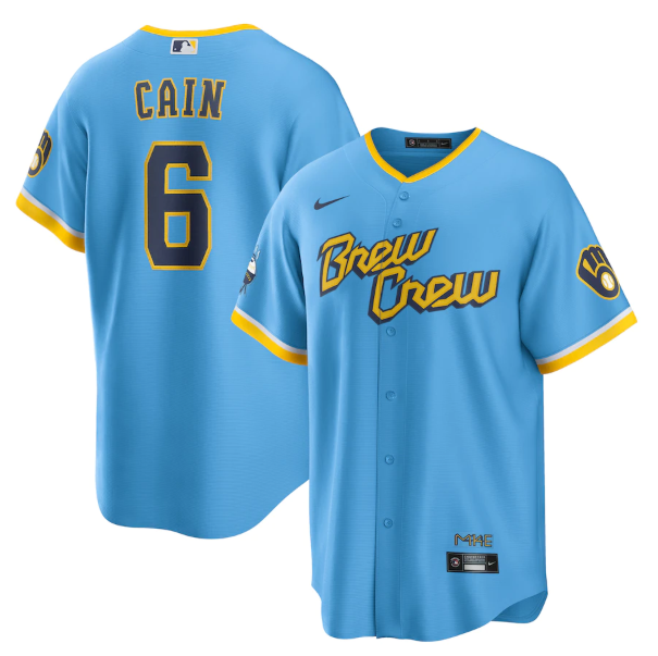 Men's Milwaukee Brewers #6 Lorenzo Cain 2022 Powder Blue City Connect Cool Base Stitched Jersey
