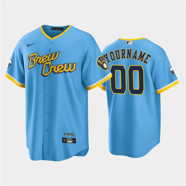 Men's Milwaukee Brewers Active Player Custom 2022 Powder Blue City Connect Cool Base Stitched Jersey