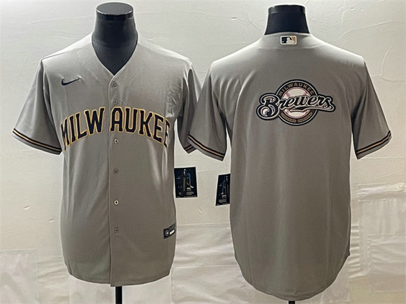 Men's Milwaukee Brewers Gray Team Big Logo Cool Base Stitched Jersey