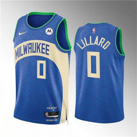 Men's Milwaukee Bucks #0 Damian Lillard 2023 24 Blue City Edition Stitched Basketball Jersey