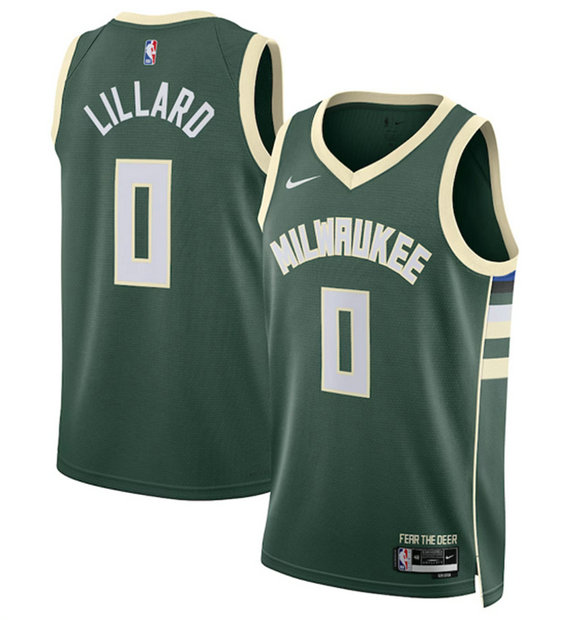 Men's Milwaukee Bucks #0 Damian Lillard Green Icon Edition Stitched Basketball Jerseys