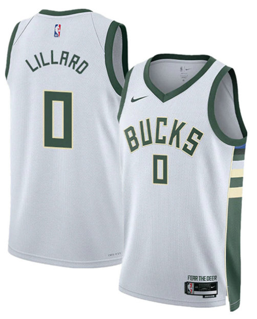 Men's Milwaukee Bucks #0 Damian Lillard White Association Edition Stitched Basketball Jersey