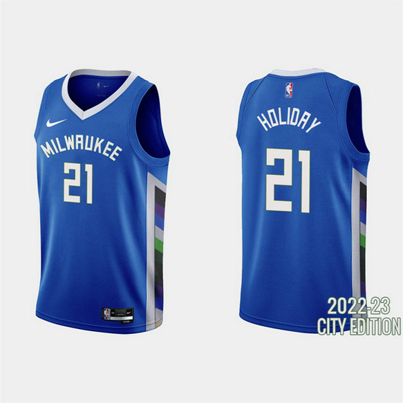 Men's Milwaukee Bucks #21 Jrue Holiday 2022-23 Blue City Edition Stitched Basketball Jersey