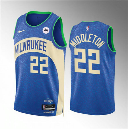 Men's Milwaukee Bucks #22 Khris Middleton 2023 24 Blue City Edition Stitched Basketball Jersey