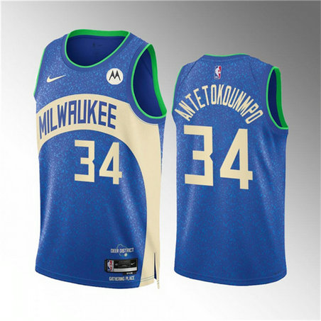 Men's Milwaukee Bucks #34 Giannis Antetokounmpo 2023 24 Blue City Edition Stitched Basketball Jersey