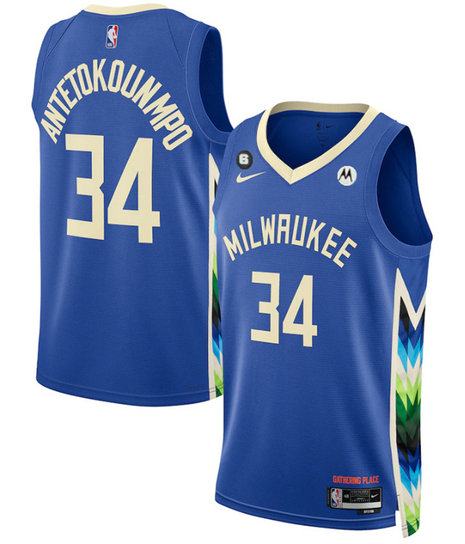 Men's Milwaukee Bucks #34 Giannis Antetokounmpo Blue 2022 23 City Edition With NO.6 Patch Stitched Basketball Jersey