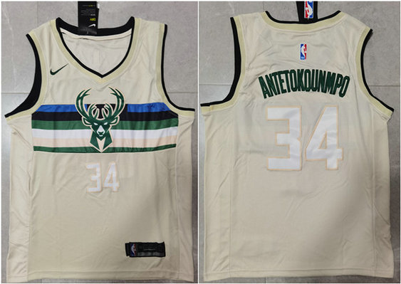 Men's Milwaukee Bucks #34 Giannis Antetokounmpo Cream Stitched Jersey