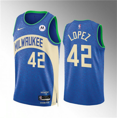 Men's Milwaukee Bucks #42 Robin Lopez 2023 24 Blue City Edition Stitched Basketball Jersey