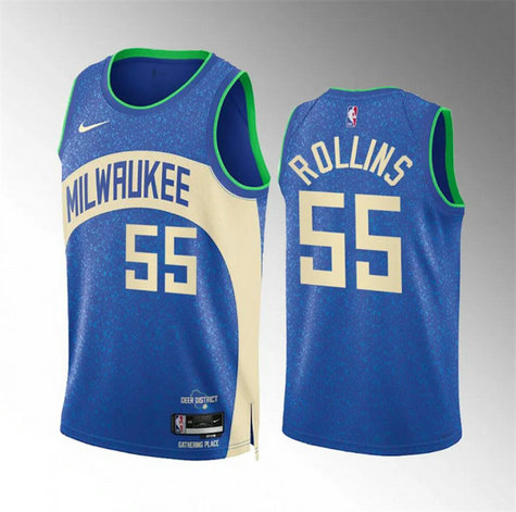 Men's Milwaukee Bucks #55 Ryan Rollins 2023 24 Blue City Edition Stitched Basketball Jersey