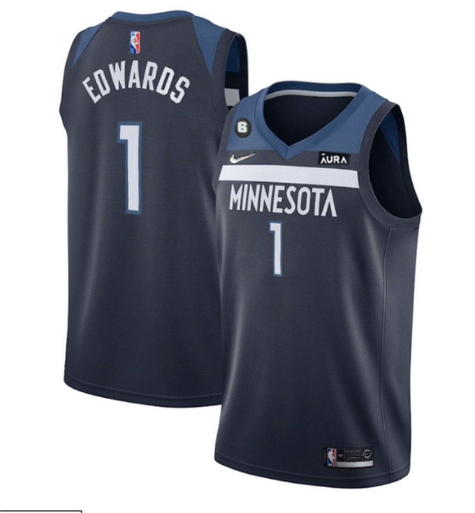 Men's Minnesota Timberwolves #1 Anthony Edwards Navy Icon Edition With NO.6 Patch Swingman Stitched Jersey