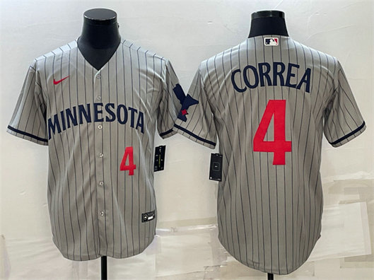 Men's Minnesota Twins #4 Carlos Correa 2023 Grey Home Team Cool Base Stitched JerseyS