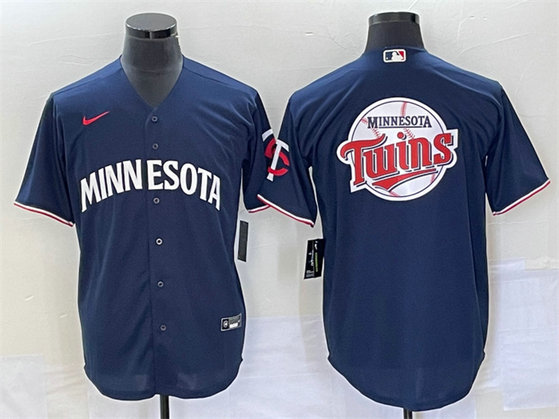 Men's Minnesota Twins With Team Logo In Back Navy Cool Base Stitched Jersey